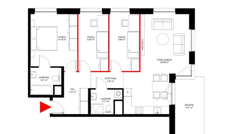 Rzut - Mieszkanie na sprzedaż 4 pokoje o powierzchni 78,78 m² - numer E.2.8 w INSPIRE ETAP IV – bud. E