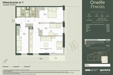 Rzut - Mieszkanie na sprzedaż 4 pokoje o powierzchni 69,45 m² - numer B1/1 w Onelife Powsin