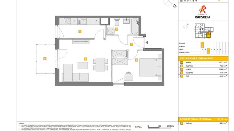 Rzut - Mieszkanie na sprzedaż 2 pokoje o powierzchni 45,8 m² - numer C.16 w Osiedle Rapsodia etap 2