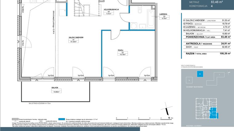 Rzut - Mieszkanie na sprzedaż 4 pokoje o powierzchni 108,76 m² - numer M4.04 w Nordic Bemowo - etap III