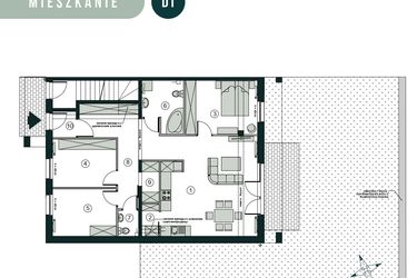 Rzut - Mieszkanie na sprzedaż 4 pokoje o powierzchni 92,38 m² - numer D1 w Aleja Wiśniowa Pogórze
