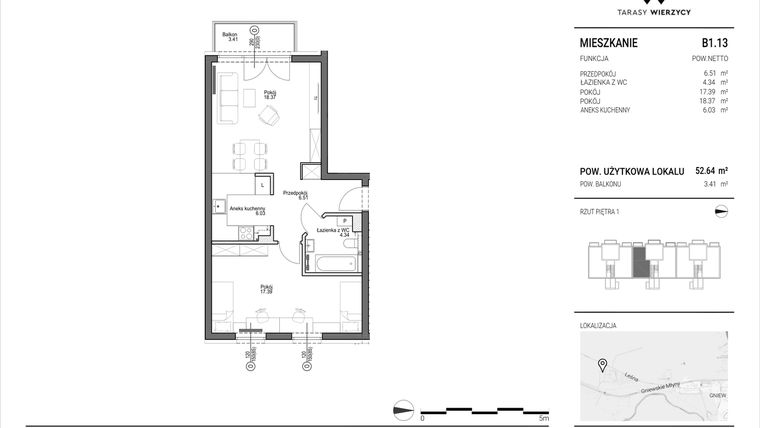 Rzut - Mieszkanie na sprzedaż 2 pokoje o powierzchni 52,64 m² - numer B1.13 w Tarasy Wierzycy