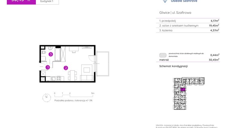 Rzut - Mieszkanie na sprzedaż 1 pokój o powierzchni 30,43 m² - numer 1.A.5.02 w Murapol Osiedle Szafirove II