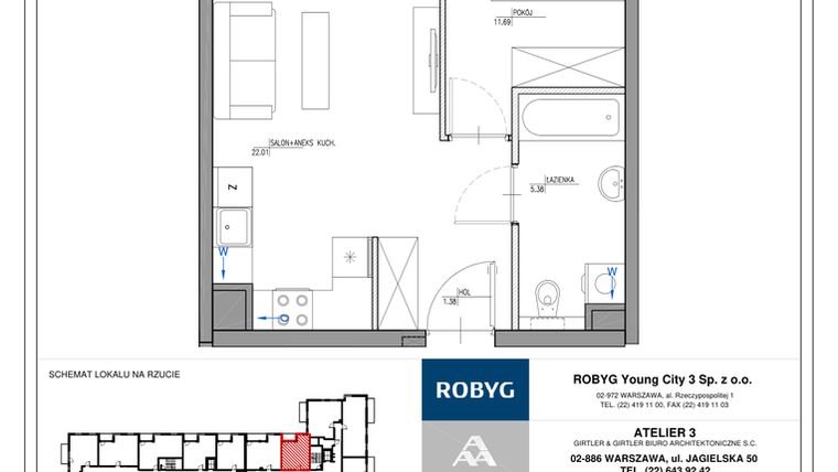 Rzut - Mieszkanie na sprzedaż 2 pokoje o powierzchni 40,46 m² - numer MC/J/B/1/9 w Modern City etap J