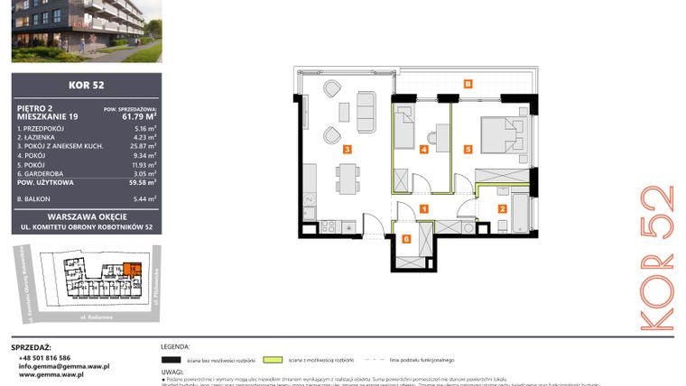 Rzut - Mieszkanie na sprzedaż 3 pokoje o powierzchni 59,58 m² - numer M19 w KOR 52