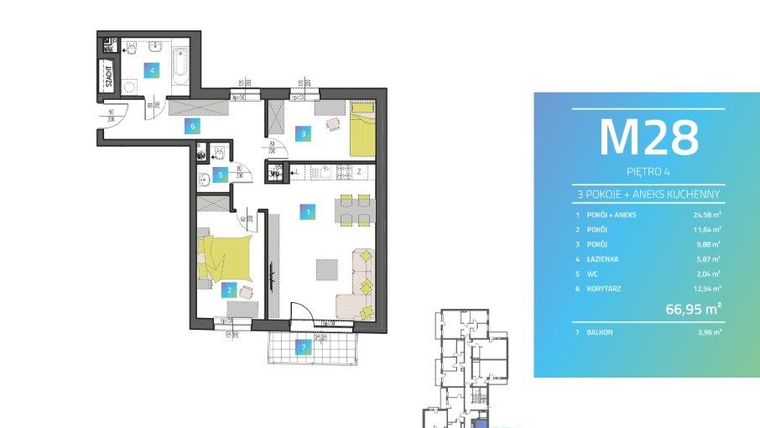 Rzut - Mieszkanie na sprzedaż 3 pokoje o powierzchni 67,51 m² - numer M28 w Mi9