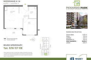 Rzut - Mieszkanie na sprzedaż 2 pokoje o powierzchni 34,26 m² - numer A1.6 w Piekarska Park