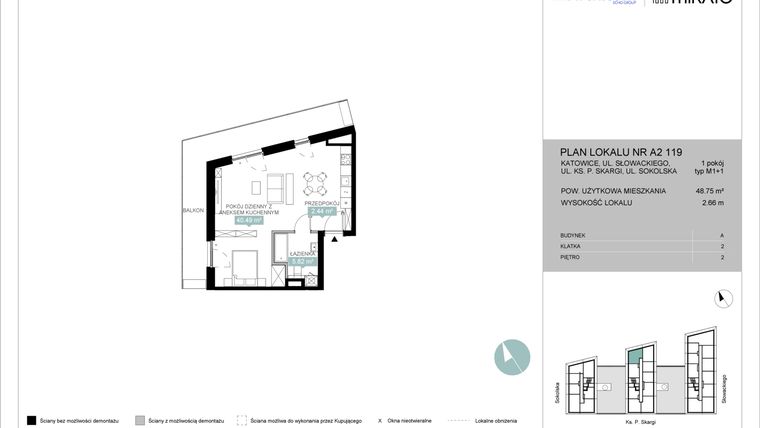 Rzut - Mieszkanie na sprzedaż 1 pokój o powierzchni 48,76 m² - numer A2 119 w Mikato