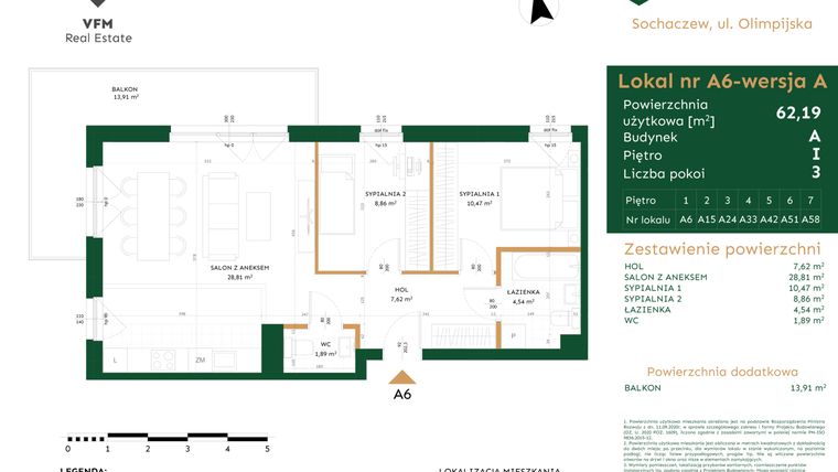 Rzut - Mieszkanie na sprzedaż 3 pokoje o powierzchni 62,19 m² - numer A.A6 w 7. Dzielnica Olimpijska