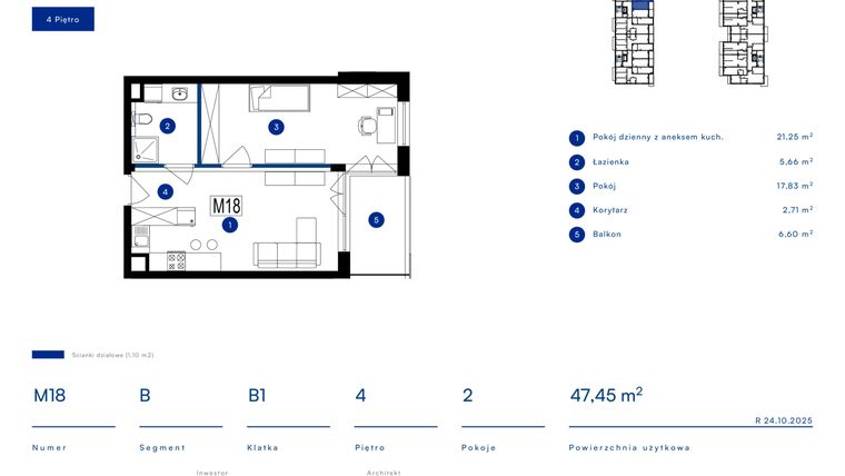 Rzut - Mieszkanie na sprzedaż 2 pokoje o powierzchni 47,45 m² - numer 18B w Przy Bursztynowej