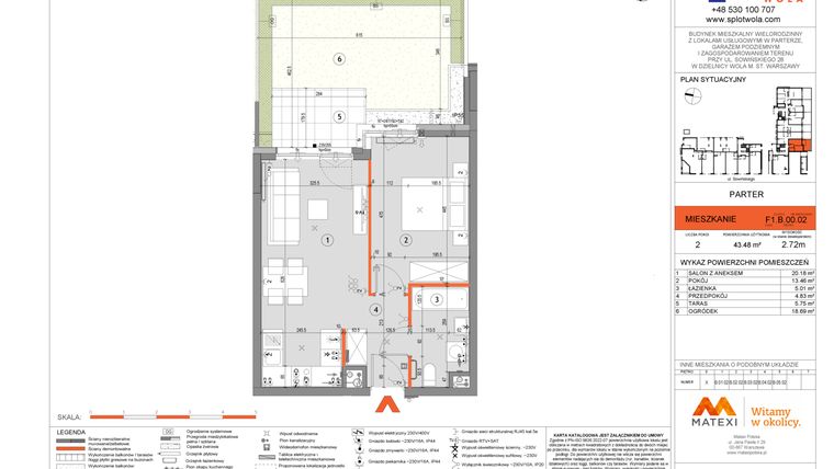 Rzut - Mieszkanie na sprzedaż 2 pokoje o powierzchni 43,48 m² - numer F1.B.00.02 w Splot Wola