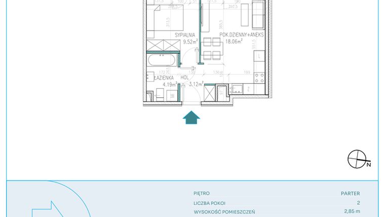 Rzut - Mieszkanie na sprzedaż 2 pokoje o powierzchni 34,89 m² - numer D1 w Dwa Jeziora CD