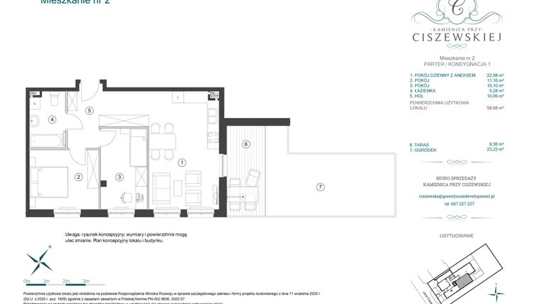 Rzut - Mieszkanie na sprzedaż 3 pokoje o powierzchni 58,68 m² - numer 2 w Kamienica przy Ciszewskiej