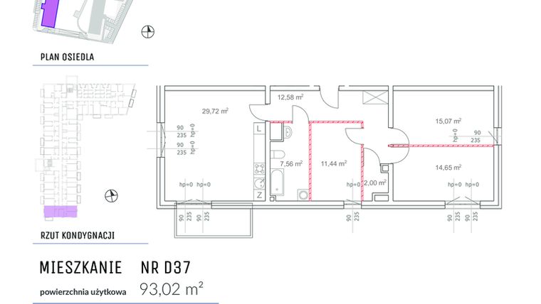 Rzut - Mieszkanie na sprzedaż 4 pokoje o powierzchni 93,02 m² - numer D37 w Osiedle Impresja 2