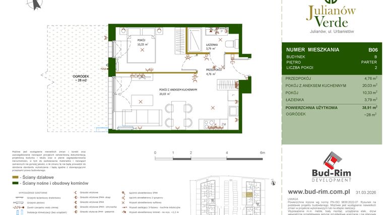 Rzut - Mieszkanie na sprzedaż 2 pokoje o powierzchni 38,91 m² - numer 6 w Julianów Verde II