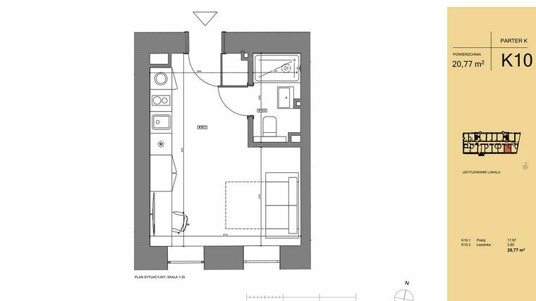 Rzut - Mieszkanie na sprzedaż 1 pokój o powierzchni 20,77 m² - numer K10 w Rezydencja San Petrus