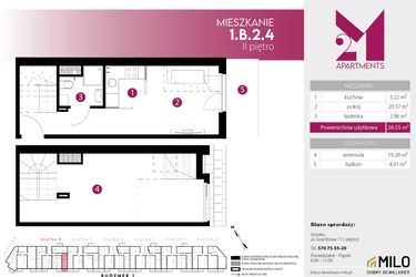 Rzut - Mieszkanie na sprzedaż 2 pokoje o powierzchni 45,83 m² - numer 1.B.2.4 w Maślice Wrocław Milo Dobry Deweloper etap IV
