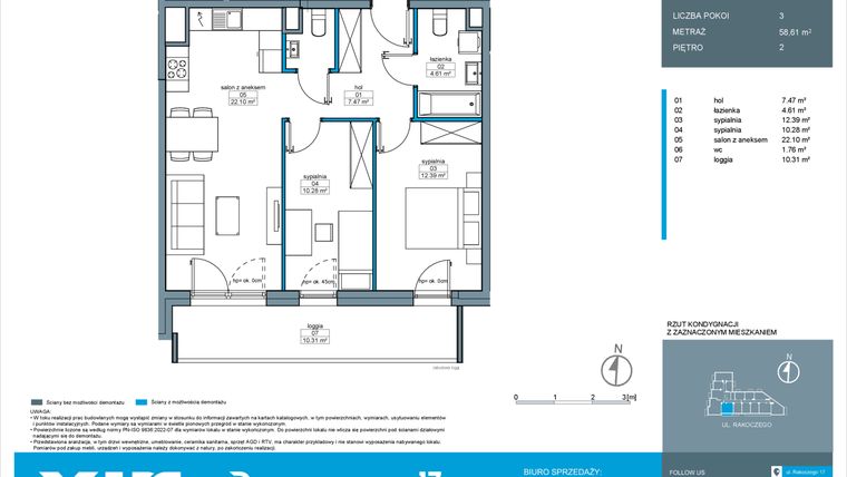 Rzut - Mieszkanie na sprzedaż 3 pokoje o powierzchni 58,61 m² - numer A.2.9 w Rakoczego 17