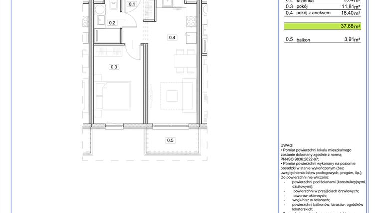 Rzut - Mieszkanie na sprzedaż 2 pokoje o powierzchni 37,68 m² - numer B.06 w EcoBerensona II