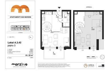 Rzut - Mieszkanie na sprzedaż 1 pokój o powierzchni 61,22 m² - numer A.3.43 w Morzlive
