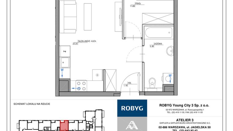 Rzut - Mieszkanie na sprzedaż 2 pokoje o powierzchni 40,45 m² - numer MC/J/A/3/1 w Modern City etap J