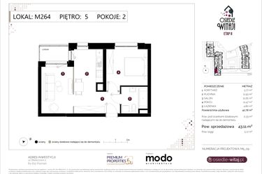 Rzut - Mieszkanie na sprzedaż 2 pokoje o powierzchni 43,11 m² - numer M264 w Osiedle Witaj etap II