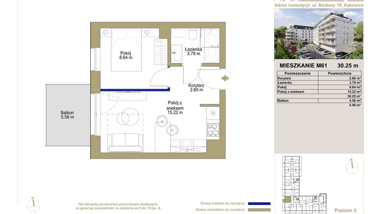 Rzut - Mieszkanie na sprzedaż 2 pokoje o powierzchni 30,25 m² - numer M61 w Barbary 19