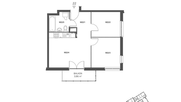 Rzut - Mieszkanie na sprzedaż 3 pokoje o powierzchni 50,41 m² - numer 22 w Wzgórze Krzemionki II