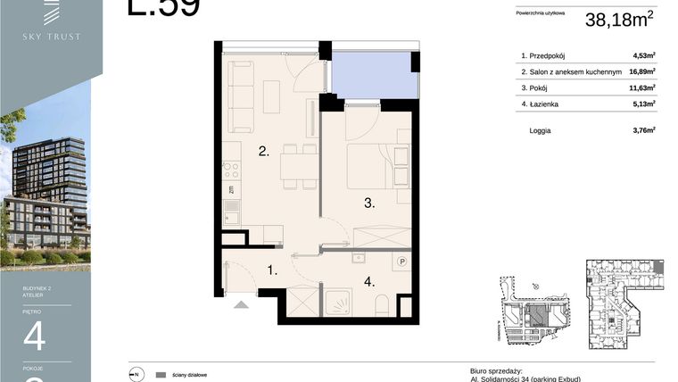 Rzut - Mieszkanie na sprzedaż 2 pokoje o powierzchni 38,18 m² - numer L59 w Sky Trust etap II - apartamenty inwestycyjne 23% VAT PRS