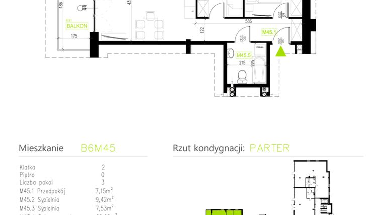 Rzut - Mieszkanie na sprzedaż 3 pokoje o powierzchni 51,61 m² - numer B6M45 w Osiedle Natura Park etap II