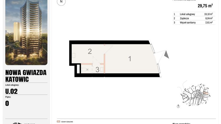 Rzut - Lokal użytkowy na sprzedaż 1 pokój o powierzchni 29,75 m² - numer U.02 w Nowa Gwiazda
