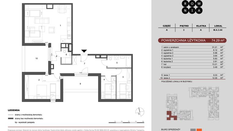 Rzut - Mieszkanie na sprzedaż 4 pokoje o powierzchni 74,29 m² - numer M.A.3.044 w CUKROWNIA