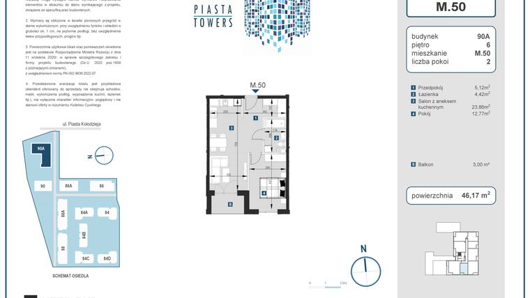 Rzut - Mieszkanie na sprzedaż 2 pokoje o powierzchni 46,17 m² - numer 50 w Piasta Towers bud. 90A