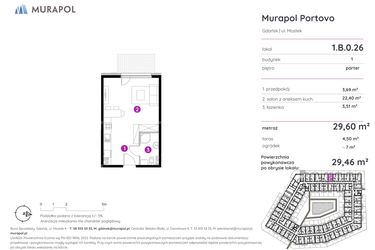 Rzut - Mieszkanie na sprzedaż 1 pokój o powierzchni 29,46 m² - numer 1.B.0.26 w Murapol Portovo etap II