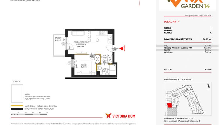 Rzut - Mieszkanie na sprzedaż 2 pokoje o powierzchni 34,36 m² - numer 7 w Viva Garden 14
