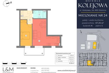 Rzut - Mieszkanie na sprzedaż 2 pokoje o powierzchni 47,35 m² - numer A.24 w Osiedle Kolejowa