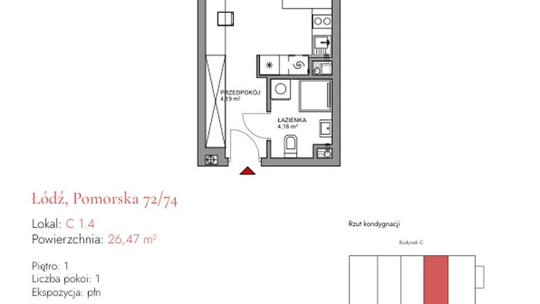 Rzut - Mieszkanie na sprzedaż 1 pokój o powierzchni 26,48 m² - numer C 1.4 w Melody Loft