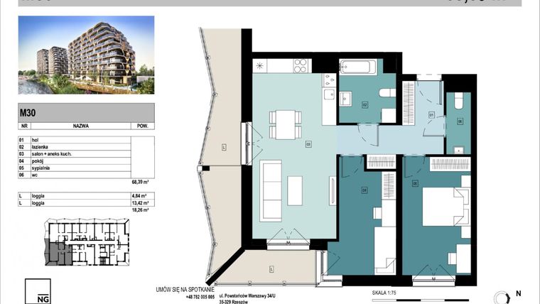Rzut - Mieszkanie na sprzedaż 3 pokoje o powierzchni 68,39 m² - numer C30 w Panorama Kwiatkowskiego