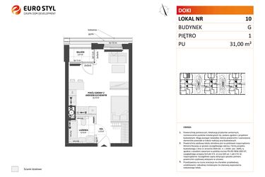 Rzut - Mieszkanie na sprzedaż 1 pokój o powierzchni 31 m² - numer G.10 w DOKI Living etap II