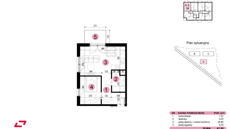 Rzut - Mieszkanie na sprzedaż 2 pokoje o powierzchni 41,8 m² - numer A-2-19 w Nowe Miasto