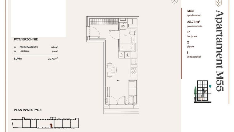 Rzut - Mieszkanie na sprzedaż 1 pokój o powierzchni 25,74 m² - numer C.55 w Młyny Mogilska