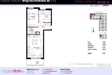 Rzut - Mieszkanie na sprzedaż 3 pokoje o powierzchni 61,52 m² - numer 119 w Wojciechowska Square