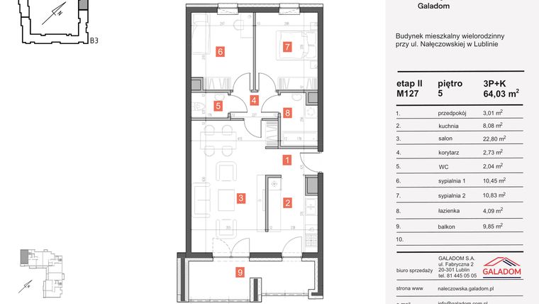 Rzut - Mieszkanie na sprzedaż 3 pokoje o powierzchni 64,03 m² - numer M-127 w Nałęczowska etap II