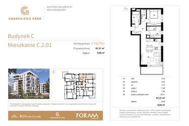 Rzut - Mieszkanie na sprzedaż 3 pokoje o powierzchni 61,31 m² - numer C.2.01 w Grabskiego Park