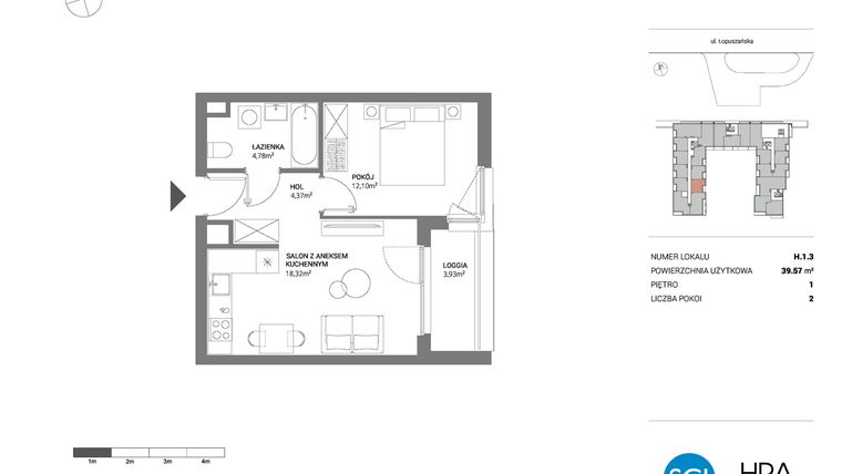 Rzut - Mieszkanie na sprzedaż 2 pokoje o powierzchni 39,57 m² - numer H.1.3 w Łopuszańska 47 - etap 3