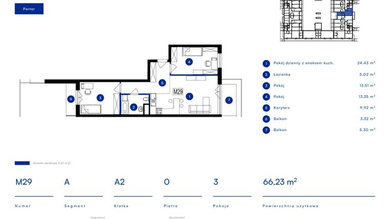 Rzut - Mieszkanie na sprzedaż 3 pokoje o powierzchni 66,23 m² - numer 29A w Przy Bursztynowej