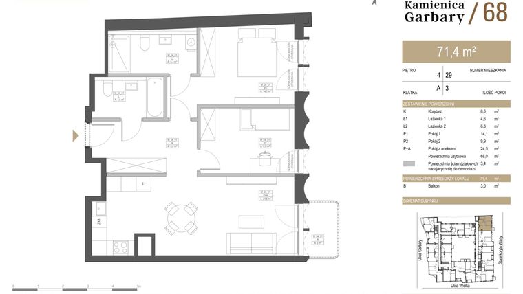 Rzut - Mieszkanie na sprzedaż 3 pokoje o powierzchni 71,4 m² - numer 29 w Garbary 68