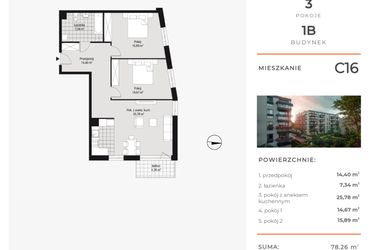 Rzut - Mieszkanie na sprzedaż 3 pokoje o powierzchni 78,26 m² - numer C16 w Na Koszutce