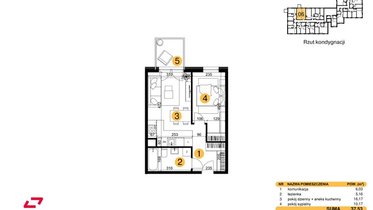 Rzut - Mieszkanie na sprzedaż 2 pokoje o powierzchni 37,53 m² - numer M06 w Punkt Wola