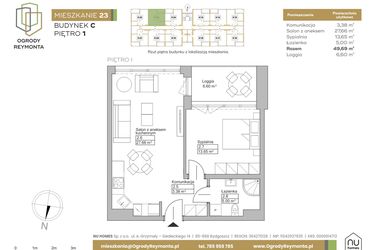 Rzut - Mieszkanie na sprzedaż 2 pokoje o powierzchni 49,69 m² - numer M23 w Ogrody Reymonta